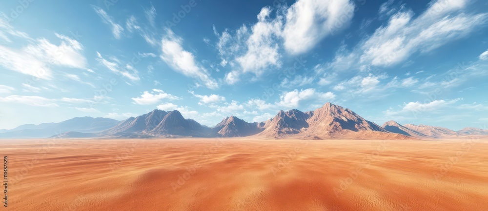 Naklejka premium Vast desert landscape under a bright blue sky with distant mountains.