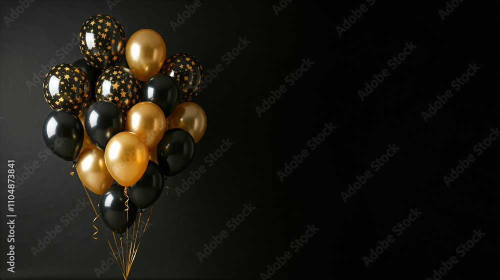 Black and Gold Balloons Against a Dark Background Black and Gold Balloons Against a Dark Background