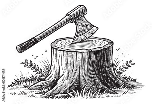 Stump with stuck axe wood sketch hand dawn drawing vector illustration