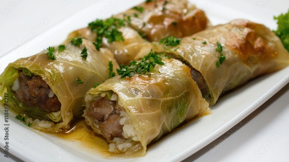 A plate of food with four rolls of cabbage A plate of food with four rolls of cabbage