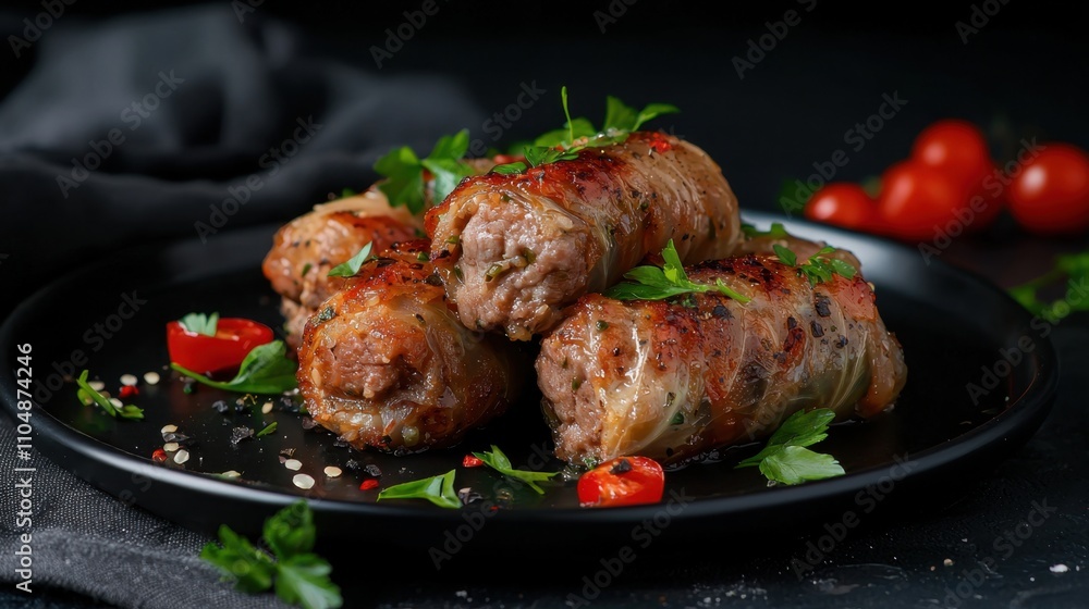 A plate of meatballs with parsley and tomatoes A plate of meatballs with parsley and tomatoes