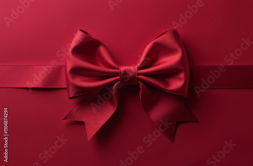 maroon satin bow on red background top view