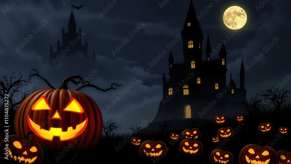 Enchanting Halloween Night with Jack-o'-Lanterns and Haunted Castles under the Moonlit Sky Enchanting Halloween Night with Jack-o'-Lanterns and Haunted Castles under the Moonlit Sky