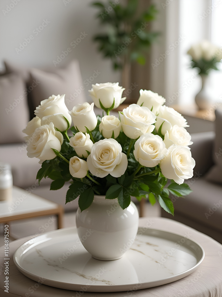 White roses in a vase on a table in the living room White roses in a vase on a table in the living room