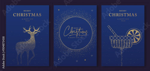 Set of luxury Merry Christmas and Happy New Year greeting cards, covers or posters with gold holiday decoration. Christmas blue background. Vector illustration