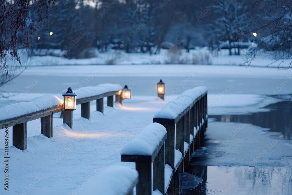 A bridge over a frozen lake with lights on the railings A bridge over a frozen lake with lights on the railings
