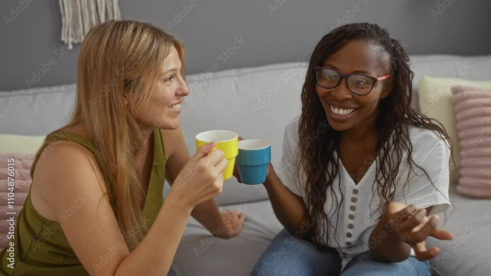 Women talking and laughing together while holding coffee mugs, sitting on a cozy sofa in a modern living room with soft pastel furnishings. Women talking and laughing together while holding coffee mugs, sitting on a cozy sofa in a modern living room with soft pastel furnishings.