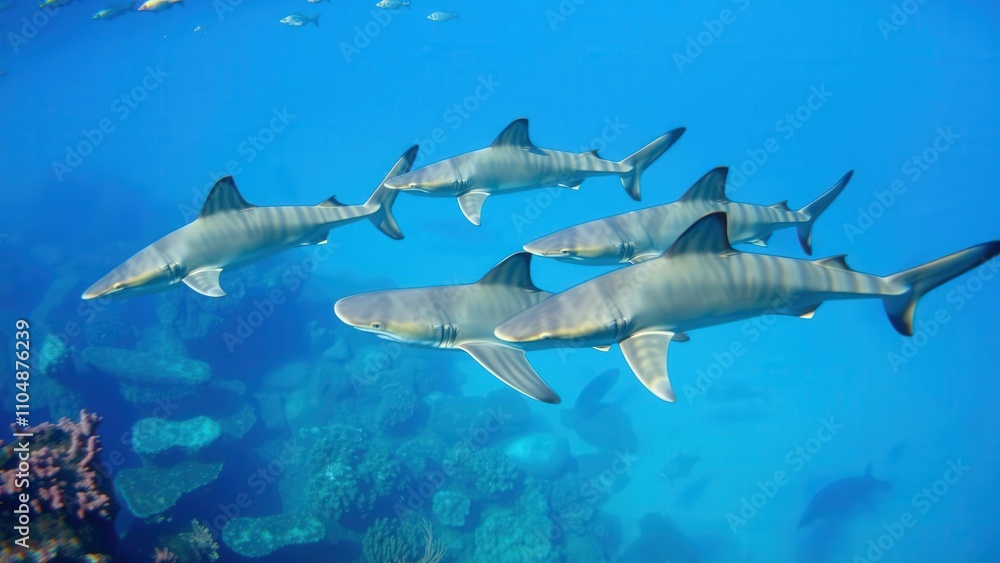 Obraz premium Graceful Sharks Swimming in Vibrant Blue Ocean Waters, Perfect for Marine Life Enthusiasts and Wall Art