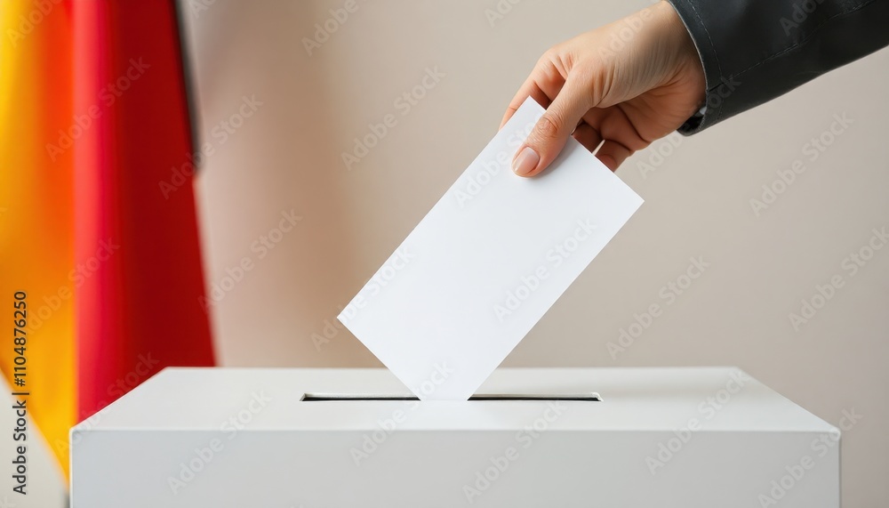 a voter dropping a ballot into a box, with the German flag prominently displayed in the background a voter dropping a ballot into a box, with the German flag prominently displayed in the background