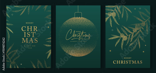 Set of luxury Merry Christmas and Happy New Year greeting cards, covers or posters with gold holiday decoration. Christmas green background. Vector illustration