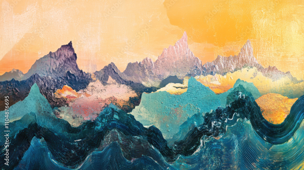 Obraz premium vibrant landscape featuring stylized mountains and waves under warm orange sky, evoking sense of tranquility and artistic expression