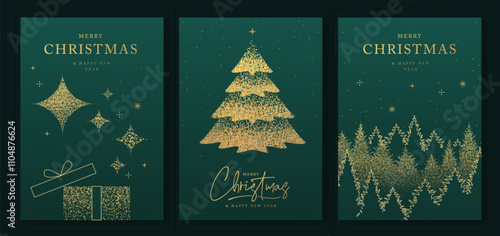 Set of luxury Merry Christmas and Happy New Year greeting cards, covers or posters with gold holiday decoration. Christmas green background. Vector illustration
