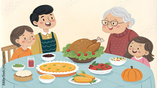 Family sitting together at the dinner table, celebrating Thanksgiving with a turkey and side dishes. Soft pastel color palette