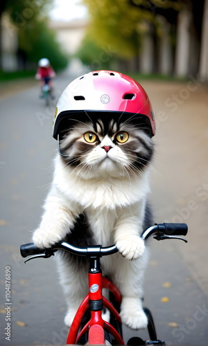A Persian cat rides a bicycle wearing a helmet along the street. Vertical image.
