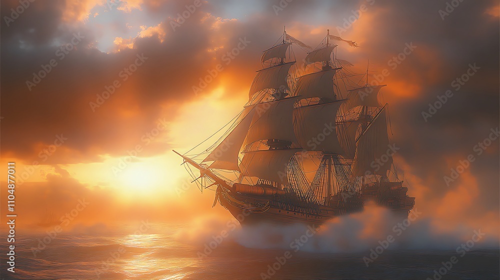 Obraz premium Majestic sailing ship at sunset, ocean mist.