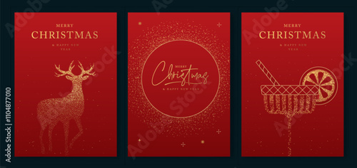 Set of luxury Merry Christmas and Happy New Year greeting cards, covers or posters with gold holiday decoration. Christmas red background. Vector illustration