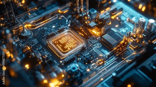 Abstract high-tech background, 3D rendering of technological circuits and chips photo