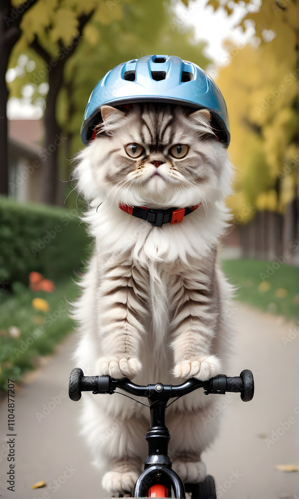A Persian cat rides a bicycle wearing a helmet along the street. Vertical image.