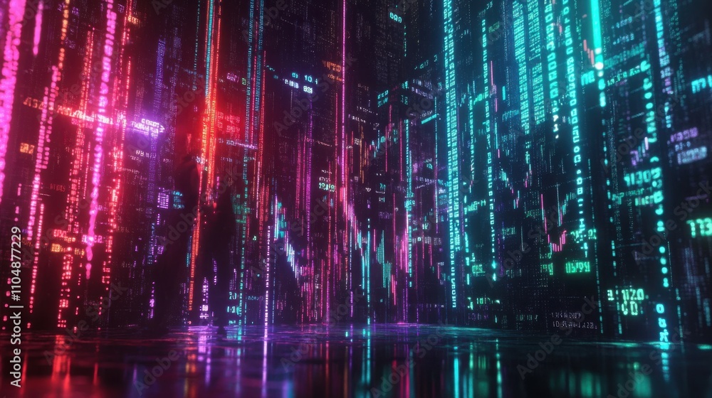 Fototapeta premium Futuristic Digital Data Streaming in Neon Colors and Reflections