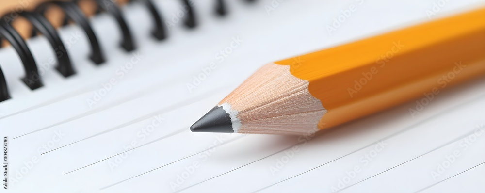 Back-to-school concept, A close-up of a sharpened yellow pencil resting on a lined notebook, showcasing the fine details of the pencil tip and the notebook's spiral binding. Back-to-school concept, A close-up of a sharpened yellow pencil resting on a lined notebook, showcasing the fine details of the pencil tip and the notebook's spiral binding.