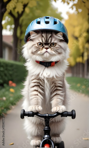 Obraz na płótnie A Persian cat rides a bicycle wearing a helmet along the street. Vertical image. w salonie