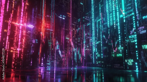 Wallpaper Mural Futuristic Digital Data Streaming in Neon Colors and Reflections Torontodigital.ca