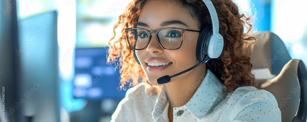 Smiling Customer Service Agent Wearing Headset Provides Excellent Support Smiling Customer Service Agent Wearing Headset Provides Excellent Support