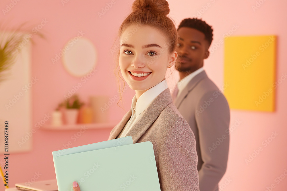 Smiling professional woman holding folders in a pastel office setting. Generative AI Smiling professional woman holding folders in a pastel office setting. Generative AI