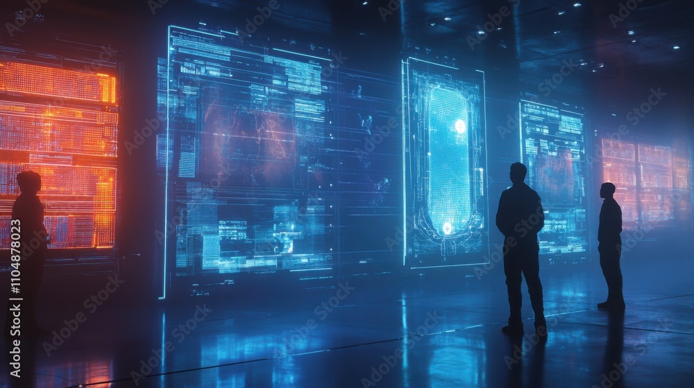 Futuristic Technology Display with Silhouetted Figures in a Modern Space Futuristic Technology Display with Silhouetted Figures in a Modern Space