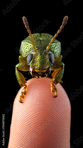 Microscopic view sapphire beetle resting fingertip brilliant green metallic vivid antennas black studio background highlighting insect anatomy elegance Close-up macro exotic rare photography Tiny photo