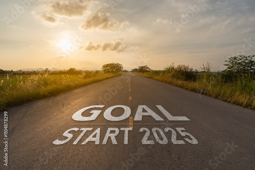 Wallpaper Mural Inspirational Road Leading to Horizon with Motivational Text Goal Start 2025 Symbolizing New Beginnings and Future Aspirations in the Beautiful Sunset Torontodigital.ca