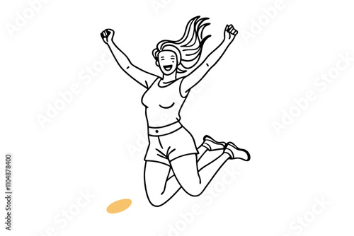 Line Drawing of Joyful Woman Jumping in the Air