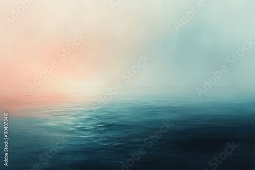 A soft, ethereal image of a misty sunrise over a calm body of water with warm pink and cool blue tones.