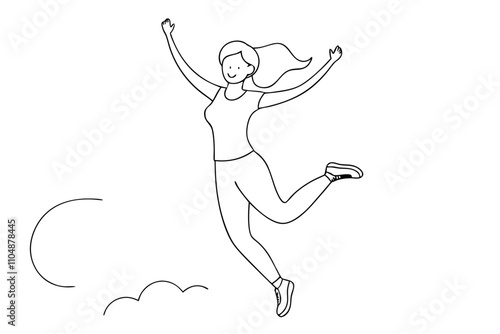 Line Drawing of Joyful Woman Jumping in the Air