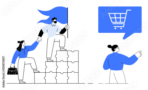 Two people on stacked puzzle pieces, one holding a flag and pulling up the other. Third person gesturing towards a shopping cart symbol in a speech bubble. Ideal for teamwork, leadership, business