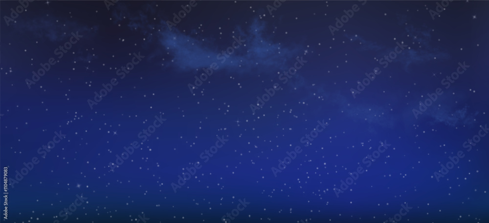 Obraz premium Seamless night skyscape with stars and clouds. Realistic starry sky scene. Vector horizontal backgroundf or your work and design