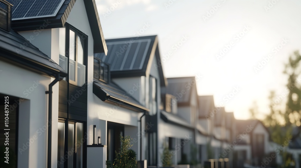 A row of modern townhouses with gray roofs and white walls, under the bright sun in an urban area The focus is on one house that has solar panels on its roof A row of modern townhouses with gray roofs and white walls, under the bright sun in an urban area The focus is on one house that has solar panels on its roof