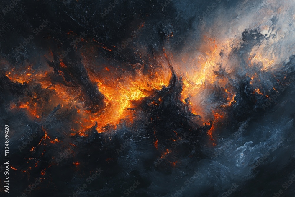 Vivid Flames in a Smoky Atmosphere - Fiery inferno, dark smoke, cosmic chaos, volcanic eruption, abstract art. Symbolizes power, destruction, creation, energy, transformation. Vivid Flames in a Smoky Atmosphere - Fiery inferno, dark smoke, cosmic chaos, volcanic eruption, abstract art. Symbolizes power, destruction, creation, energy, transformation.