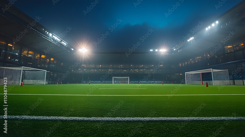Empty soccer field at night, illuminated by stadium lights. Empty soccer field at night, illuminated by stadium lights.