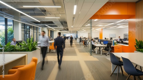 Modern Office Corridor Shows Busy Employees Walking