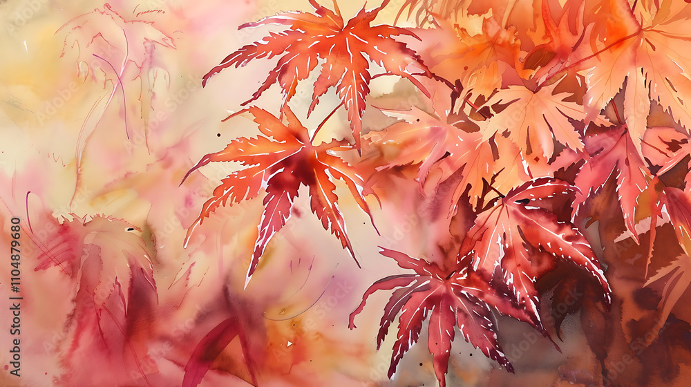 Stunning Artistic Watercolor of Autumn Japanese Maple Leaves with Vibrant Hues and Soothing Background, Perfect for Seasonal Decor and Nature Inspiration Stunning Artistic Watercolor of Autumn Japanese Maple Leaves with Vibrant Hues and Soothing Background, Perfect for Seasonal Decor and Nature Inspiration