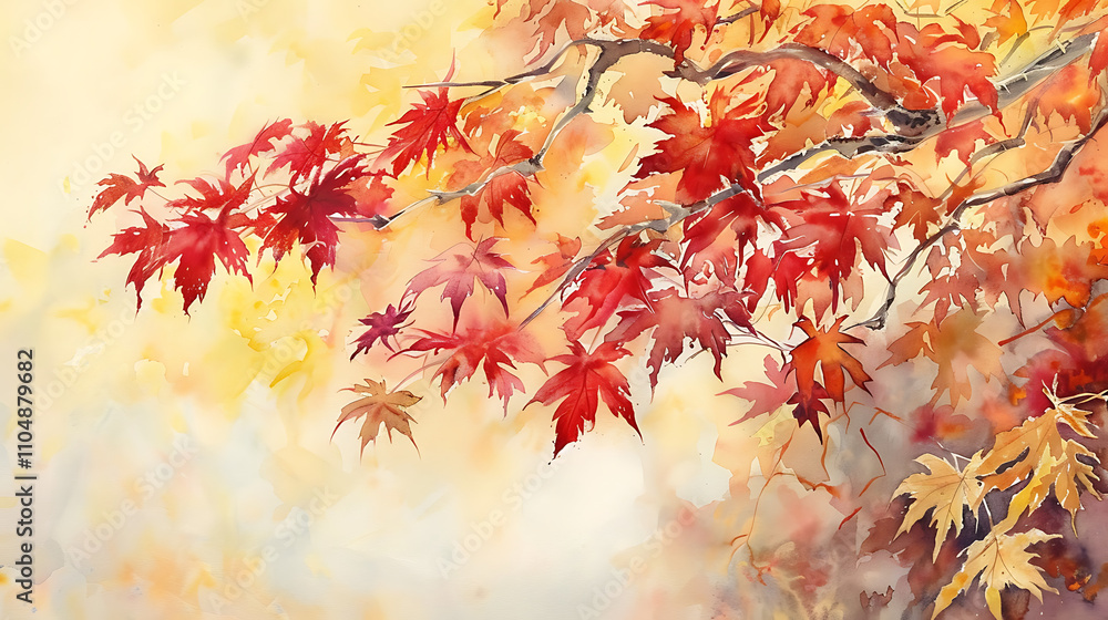 Beautiful Watercolor Painting of Japanese Maple Leaves in Autumn with Vibrant Red and Yellow Hues Creating a Serene Atmosphere of Nature's Splendor Beautiful Watercolor Painting of Japanese Maple Leaves in Autumn with Vibrant Red and Yellow Hues Creating a Serene Atmosphere of Nature's Splendor