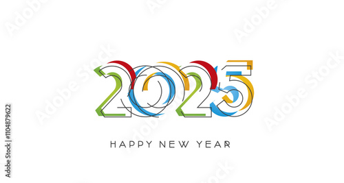 2025 Happy New Year modern trendy line design numbers with abstract colorful shapes on white isolated background