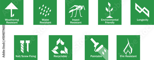 Weathering Resistant, Water Resistant, Insect Resistant, Environmental Friendly, Longevity, Nail Screw Fixing, Recylable, Paintable, Fire Resistant symbols.