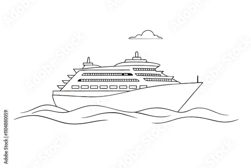 Line Drawing of Large Cruise Ship on Ocean | Vector Art Illustration