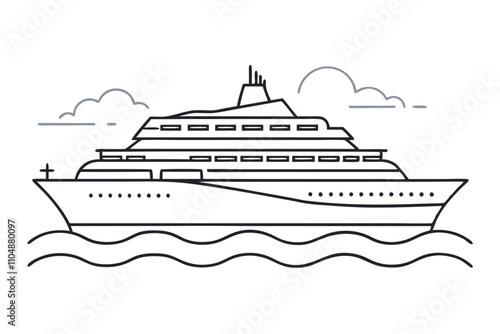 Line Drawing of Large Cruise Ship on Ocean | Vector Art Illustration