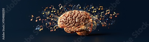 A creative depiction of a brain emitting musical notes, symbolizing the connection between music and cognitive function.