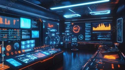 Futuristic Control Room with Neon Lights and Advanced Technology