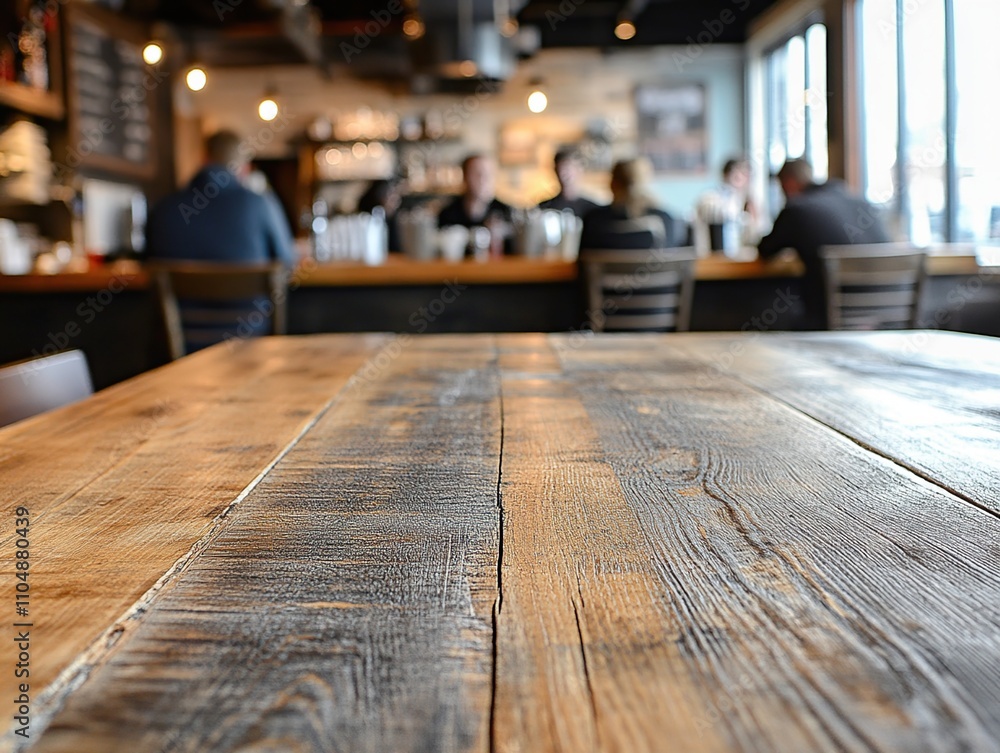 Rustic Wooden Table in a Busy Cafe Setting: Warm Lighting and Blurred Background of People Enjoying Coffee and Conversation Rustic Wooden Table in a Busy Cafe Setting: Warm Lighting and Blurred Background of People Enjoying Coffee and Conversation