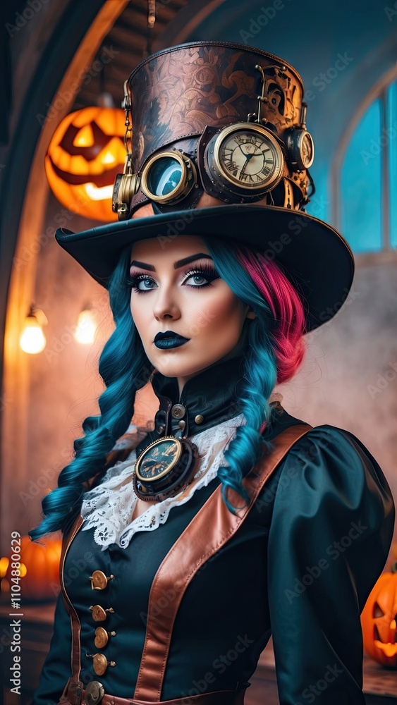 Steampunk girl celebrates Halloween with a smiling pumpkin.